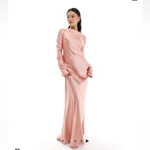 Blush Pink Satin Long Sleeve Floor-Length Gown